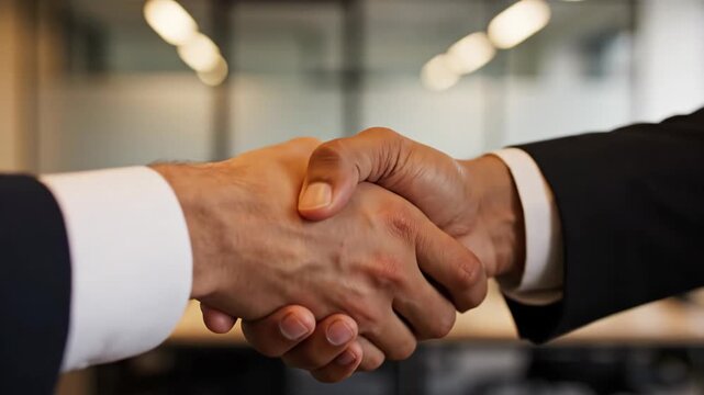 Two men in business suits shaking hands in office. Agreement and handshake between business partners. Corporate deal conclusion and professional meeting cooperation