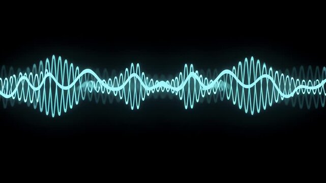A vibrant cyan acoustic waveform resonates with rhythmic energy as it displays the complex frequency dynamics of digital audio processing technologies within a dark environment for technical