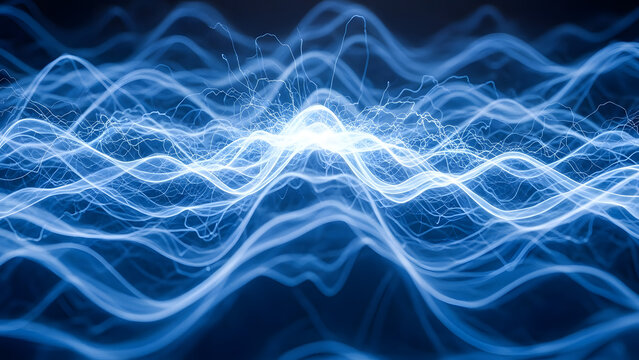 Abstract blue energy waves and particles, futuristic science background