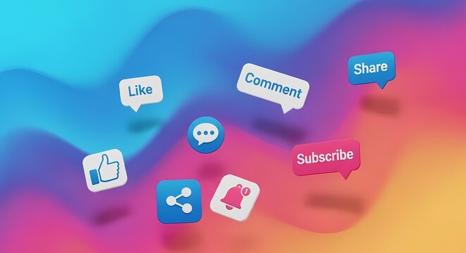 Floating social media engagement buttons on colorful abstract background