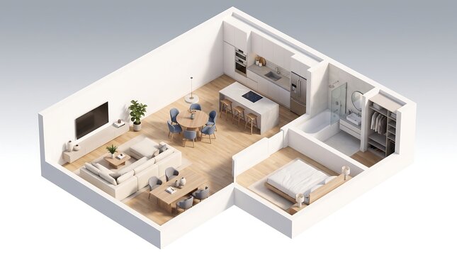 Isometric 3d rendering of a modern onebedroom apartment floor plan with furniture