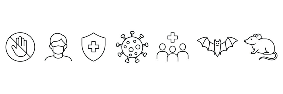 Epidemic prevention and pandemic protection line icon set featuring face mask, virus cell, medical shield, bat, and mouse icons.