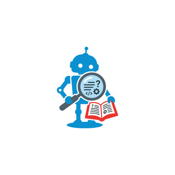 Robot Analyzing Programming Code and Data with a Magnifying Glass and an Open Book for Technical Problem Solving