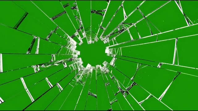 Glass window shattering into shards on green screen