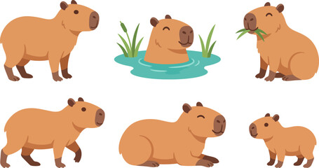 Fototapeta premium Capybara collection six adorable cartoon illustrations in various poses and settings