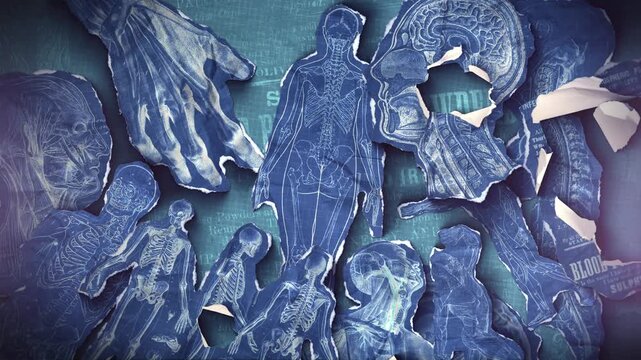 A vintage anatomical themed background of old illustrations that animate into place from torn paper pieces.
