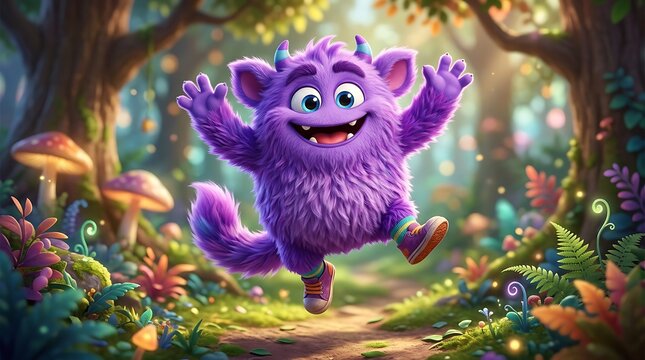 Joyful furry monster dancing in enchanted forest
