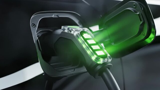 Electric vehicle charging port with glowing green energy bars indicating battery charge level, close-up view, modern technology