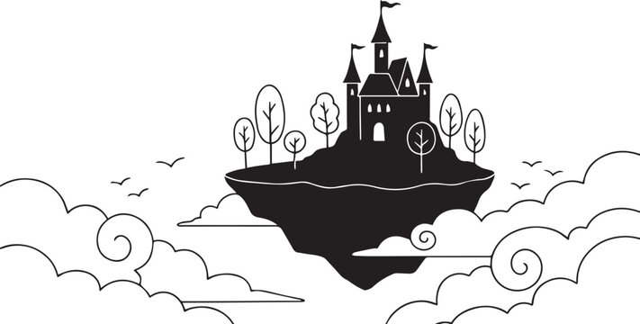 Fantasy floating island castle vector, magical kingdom silhouette in the clouds, fairytale fortress on flying rock with trees and birds