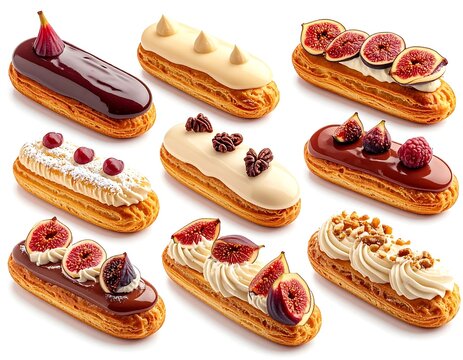 Assorted Decorated Eclair Pastries with Fresh Fruits.
