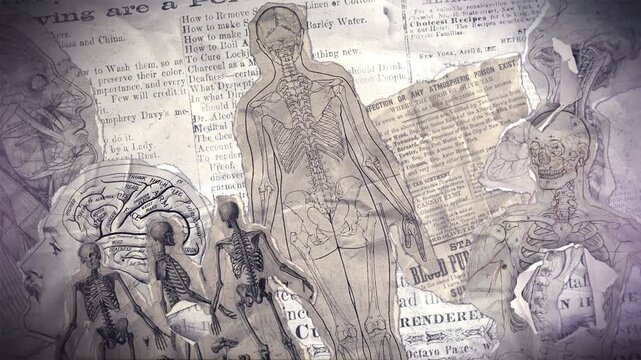 A vintage anatomical themed background of old illustrations that animate into place from torn paper pieces.
