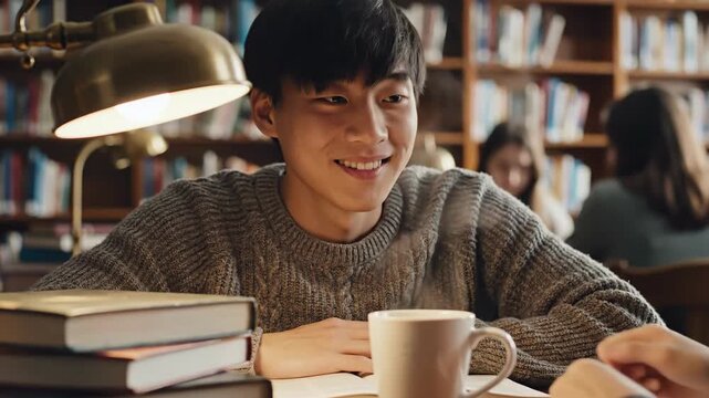 Asian man studying in library holding hot ceramic mug. Student sitting at table with books under lamp in campus archive. Education, academic and learning concept