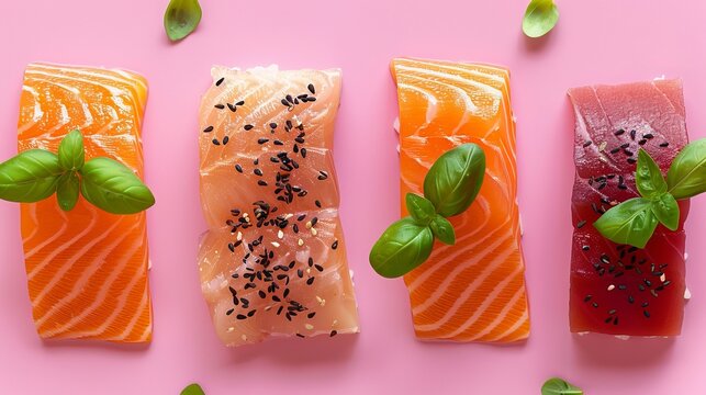 Elegant salmon fillet cuts with olive oil and pepper on an aesthetic pink background