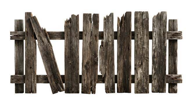 Weathered and broken old wooden picket fence