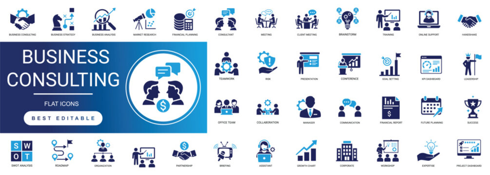 business consulting solid icon set. business, consulting, strategy, leadership, management, teamwork, advisor, partnership, training, client communication, solution management. editable vector