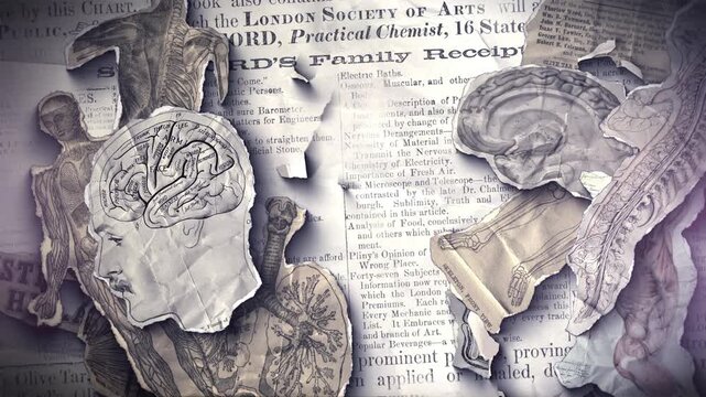 A vintage anatomical themed background of old illustrations that animate into place from torn paper pieces.
