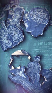 A vintage anatomical themed background of old illustrations that animate into place from torn paper pieces.
