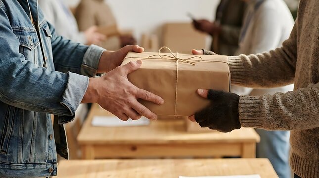 Hands exchanging a package delivery and receipt concept