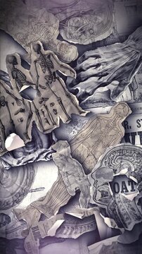 A vintage anatomical themed background of old illustrations that animate into place from torn paper pieces.
