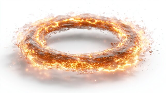A swirling ring of liquid fire glowing with bright orange embers against a clean white background in high quality render