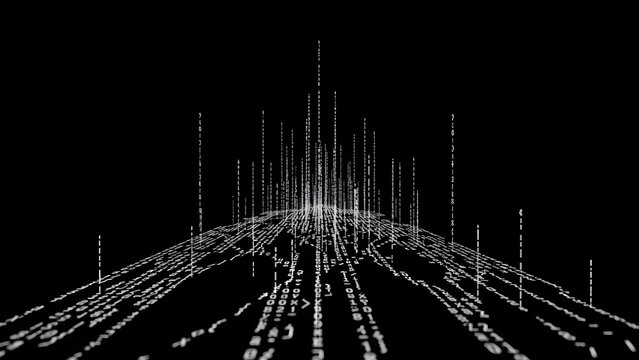 Abstract Digital Cityscape with Binary Code and Data Flow
