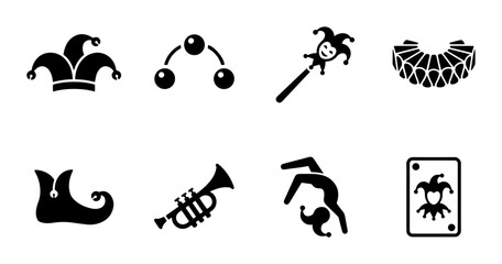 Fototapeta premium Jester and Joker Icon Set, black silhouette vector graphics, circus and carnival entertainment symbols
