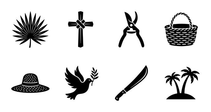Tropical Island Vacation Icons, Black Silhouette Vector Set, Summer Holiday Travel Symbols, Beach Resort Elements