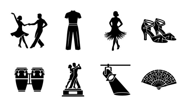 Dynamic Latin Dance Icons, a collection of 8 vector silhouettes, including dancers, costumes, musical instruments, and accessories, perfect for event promotion and cultural design.