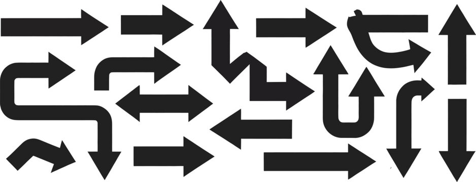 Directional, arrow icon collection with curved straight and multiway navigation symbols for user interface, wayfinding, flowcharts and infographic designs.