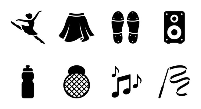 Dynamic dance and music vector icon set, ballet dancer, tap shoes, speaker, disco ball, musical notes, ribbon, water bottle, skirt, black silhouette graphics for entertainment and fitness