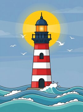 Lighthouse guiding through ocean waves coastal scene digital art serene environment vibrant view