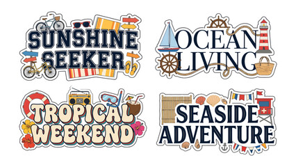 Summer Vibe Stickers: A collection of four vibrant sticker designs, each capturing the essence of summer fun with nautical and beach themes like Sunshine Seeker, Ocean Living, Tropical Weekend. © Khadiza