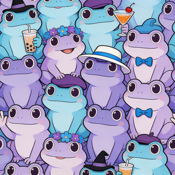 Cute kawaii frog seamless pattern with pastel colored frogs wearing hats and holding drinks, flowers - adorable nursery background