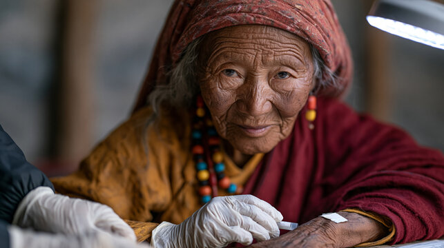 Tibetan plateau elder undergoes immune blood panel at high-altitude mobile clinic, nurse in gloves collects sample under bright portable lamp, immunosenescence altitude research,