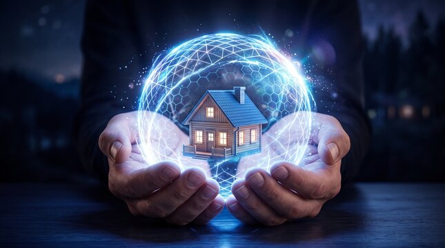 Conceptual image of human hands holding a glowing digital sphere with a house inside representing home security and real estate technology