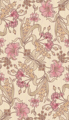 Seamless vintage floral pattern with pink and mauve blossoms on cream background art nouveau botanical textile design © Paige Jang