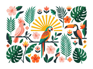 Naklejka premium Tropical birds and floral vector illustration with macaw, cockatoo, and toucan