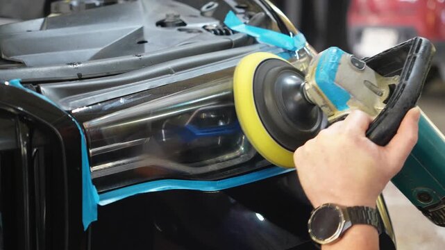 Man polishes the glass of a car headlight with a polishing machine from small scratches, chips. Process polishing of the front car headlights. Hands of male professional worker with orbital polisher. 