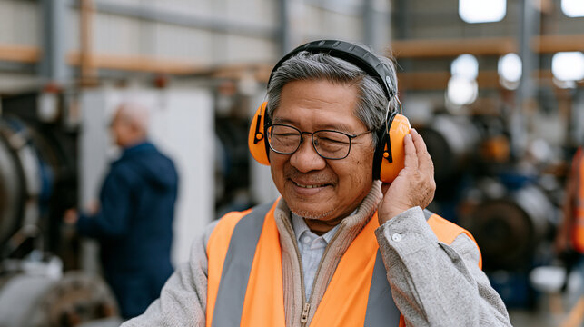 Filipino audiologist fits custom ear protection on elderly factory worker in industrial machinery hall, candid unposed moment, hearing loss prevention aging, occupational noise