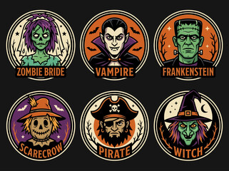 Fototapeta premium Set of 6 Vintage Halloween Monster Character Badges Featuring Zombie Bride, Vampire, Frankenstein, Scarecrow, Pirate, and Witch