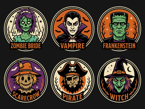 Set of 6 Vintage Halloween Monster Character Badges Featuring Zombie Bride, Vampire, Frankenstein, Scarecrow, Pirate, and Witch