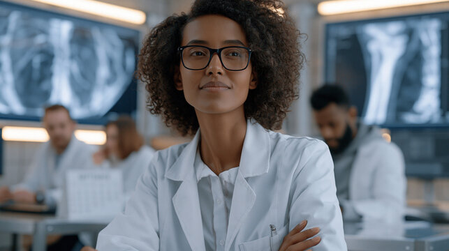 Ethiopian aerospace medicine researcher reviews bone density scan results on wall display inside orbital health simulation lab, colleagues studying resistance exercise data behind