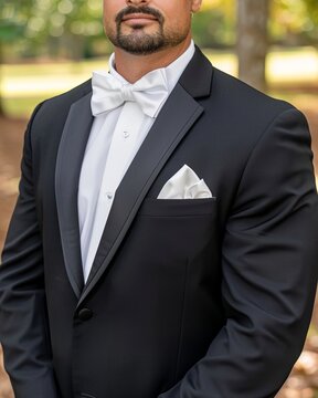 Sophisticated Man in Elegant Black Tuxedo with Bow Tie, Ready for Formal Event, Exuding Confidence