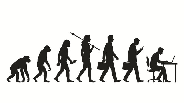 Evolution of Man from Primitive Ancestors to Modern Day Corporate Office Worker Silhouette Sequence