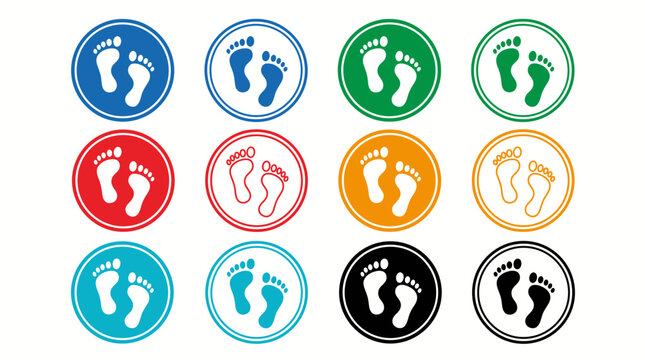 Set of Colorful Circular Icons Featuring Human Footprint Symbols for Wayfinding and Navigation Design