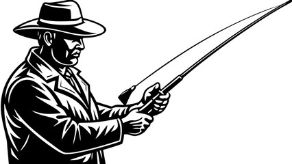 Naklejka premium Man Fishing Silhouette Vector - Fisherman with Rod and Hat Icon Graphic