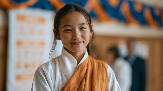 Tibetan teen wins regional science fair with Mars agriculture soil experiment, standing proudly beside display board showing plant growth results in simulated Martian substrate,