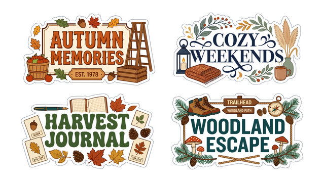 Autumn Vibes Set: A collection of four charming graphic elements celebrating the essence of autumn, featuring evocative phrases like Autumn Memories, Cozy Weekends, Harvest Journal.