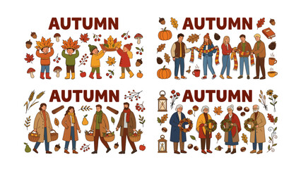 Naklejka premium Autumn Festival Collection: A delightful set of four illustrations capturing the essence of autumn, featuring diverse groups of people, from children to seniors.