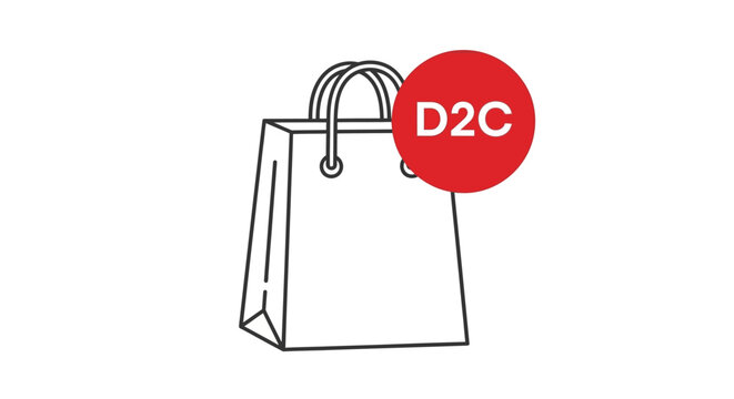 D2C direct to consumer retail icon, minimalist shopping bag vector illustration, e-commerce business model concept with red circle badge